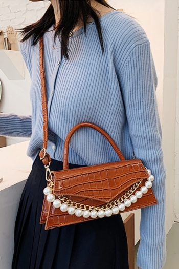 Fashion orange solid color crocodile pattern magnetic button metal chain pearl decorate ajustable crossbody handbag  27cm(l)* 7cm(w)* 12cm(h)