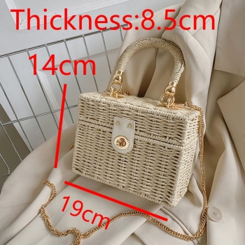 Fashion new beach solid color metal chain lock button straw handbag 19cm(l)* 8.5cm(w)* 14cm(h)