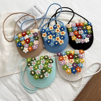 Fashion new beach solid color weave colorful flowers magnetic button straw crossbody bag 22cm(l)* 3cm(w)* 21cm(h)