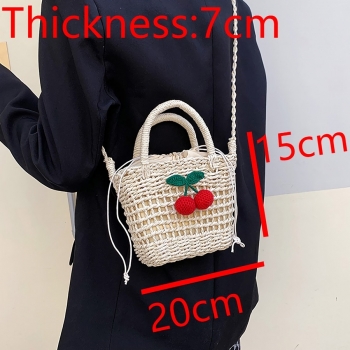 Fashion new solid color cherry decorate beach seaside resort weave drawstring crossbody straw handbag 20cm(l)* 7cm(w)* 15cm(h)
