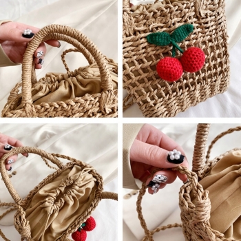 Fashion new solid color cherry decorate beach seaside resort weave drawstring crossbody straw handbag 20cm(l)* 7cm(w)* 15cm(h)