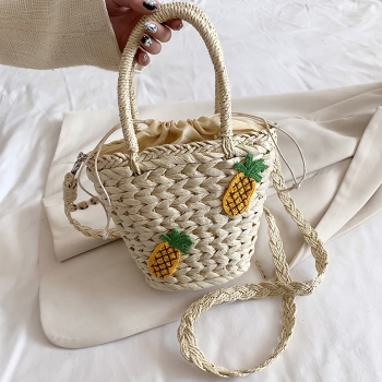 Fashion new solid color beach weave drawstring pineapple decorate straw crossbody handbag 22cm(l)* 10cm(w)* 17cm(h)