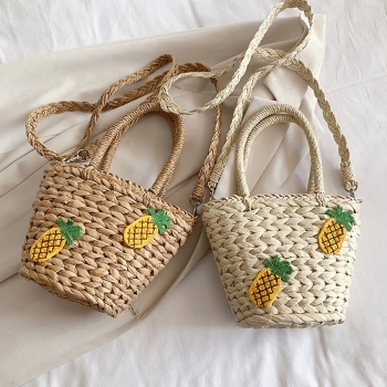 Fashion new solid color beach weave drawstring pineapple decorate straw crossbody handbag 22cm(l)* 10cm(w)* 17cm(h)