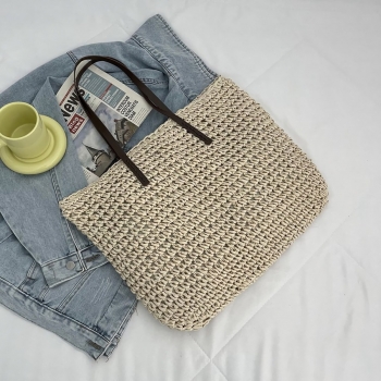 Stylish new two colors solid color high-capacity zip-up shoulder beach straw bag 46cm(l)* 7cm(w)* 36cm(h)