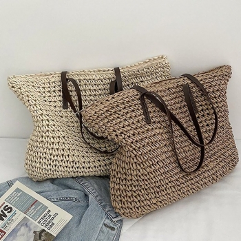 Stylish new two colors solid color high-capacity zip-up shoulder beach straw bag 46cm(l)* 7cm(w)* 36cm(h)