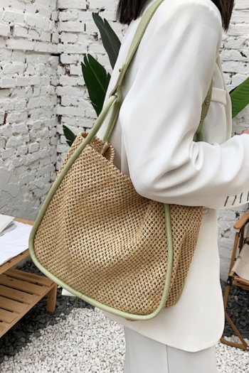 stylish new five colors high-capacity magnetic button zip-up shoulder pu stitching beach straw bag 34cm(l)* 13cm(w)* 28cm(h)