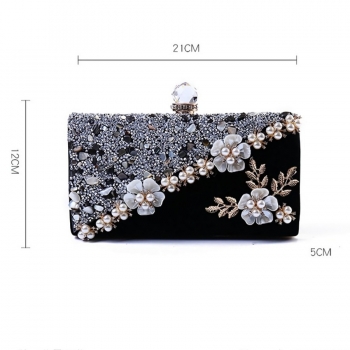 Stylish new flower pearl shell rhinestone metal decor lock buckle square shape clutches bag 21cm(l)* 5cm(w)* 12cm(h)