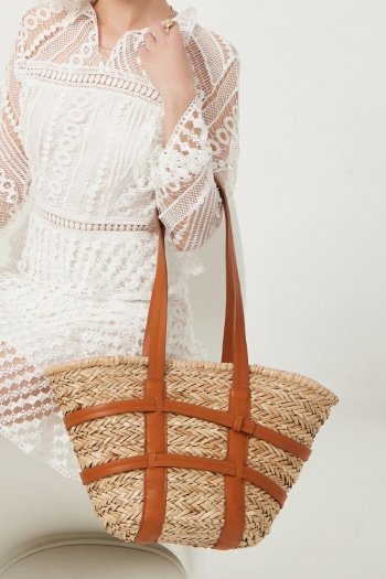 stylish new two colors weave straw stitching pu high-capacity drawstring high quality beach shoulder bag 47cm(l)* 12cm(w)* 27cm(h)