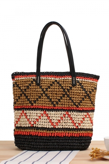 stylish new weave geometric patterns zip-up high-capacity beach straw tote bag 35cm(l)* 8cm(w)* 32cm(h)
