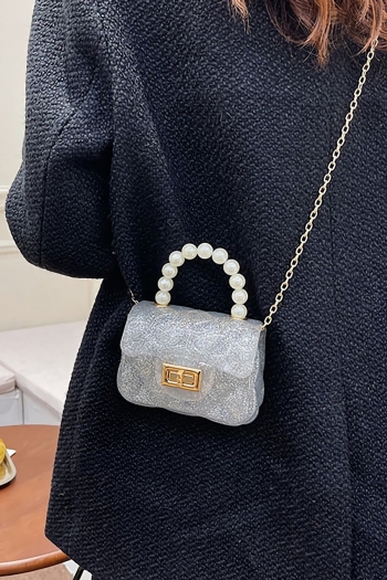 pearl sparkling silver lock button rhombus metal chain jelly handbag