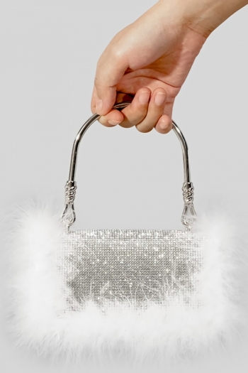 stylish new rhinestone feather decor magnetic button metal handle handbag