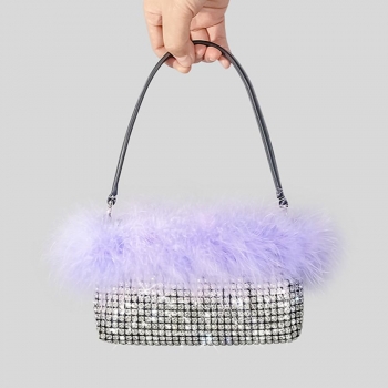 stylish new 4 colors feather decor rhinestone zip-up handbag