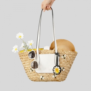 stylish new bee embroidery high-capacity magnetic button straw shoulder bag