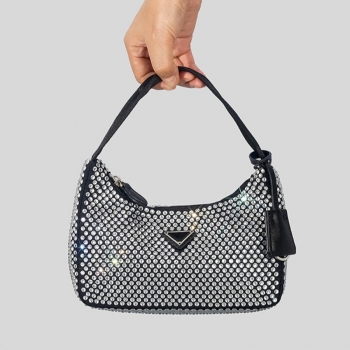 stylish new 3 colors triangle applique rhinestone decor zip-up shoulder bag