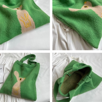 Stylish new rabbit jacquard open design ribbed knit tote bag