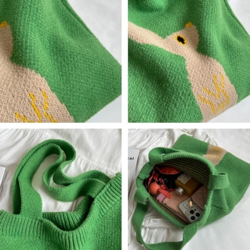 Stylish new rabbit jacquard open design ribbed knit tote bag