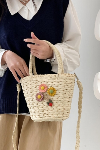 Stylish new flower decor drawstring crossbody weave handbag
