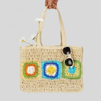 stylish new weave flower pattern zip-up high-capacity tote bag