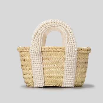 stylish new pearl decor beach drawstring straw tote bag