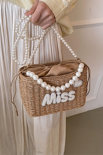 stylish new pearl rhinestone decor drawstring beach straw shoulder handbag
