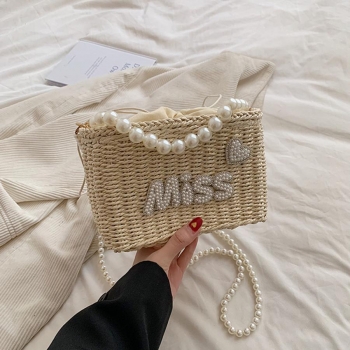 Stylish new pearl rhinestone decor drawstring beach straw shoulder handbag