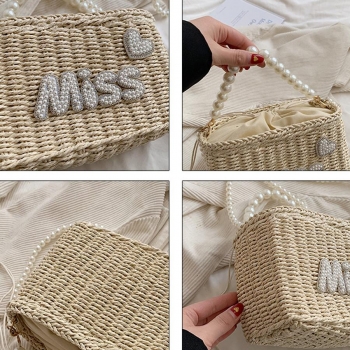 Stylish new pearl rhinestone decor drawstring beach straw shoulder handbag
