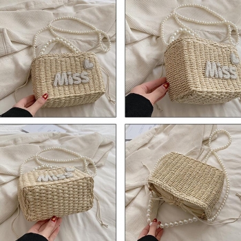 Stylish new pearl rhinestone decor drawstring beach straw shoulder handbag