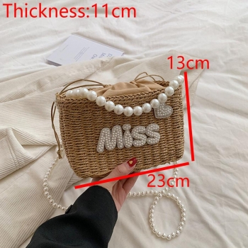 Stylish new pearl rhinestone decor drawstring beach straw shoulder handbag