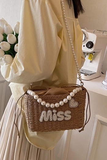 Stylish new pearl rhinestone decor drawstring beach straw shoulder handbag