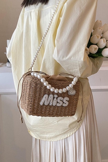 Stylish new pearl rhinestone decor drawstring beach straw shoulder handbag
