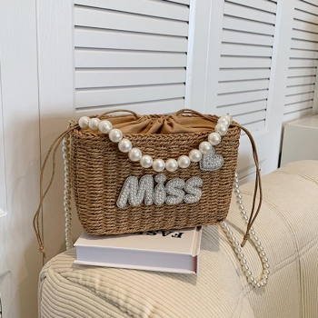 Stylish new pearl rhinestone decor drawstring beach straw shoulder handbag