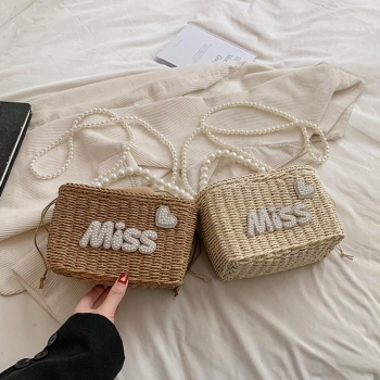 Stylish new pearl rhinestone decor drawstring beach straw shoulder handbag