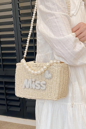 Stylish new pearl rhinestone decor drawstring beach straw shoulder handbag