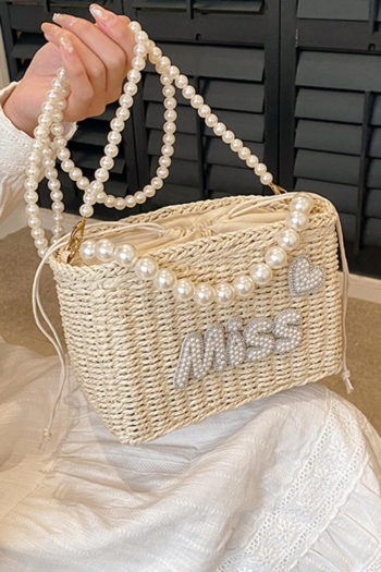 Stylish new pearl rhinestone decor drawstring beach straw shoulder handbag
