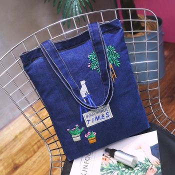 stylish new cartoon embroidery denim zip-up high-capacity shoulder bag
