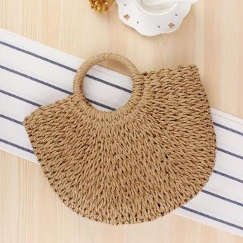 stylish new solid color beach weave straw drawstring handbag