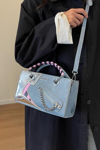stylish new denim stitching pu zip-up crossbody handbag