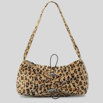 stylish new leopard plush drawstring zip-up shoulder bag