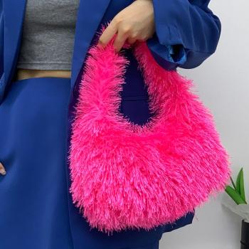 stylish new 10 colors solid color plush decor zip-up handbag