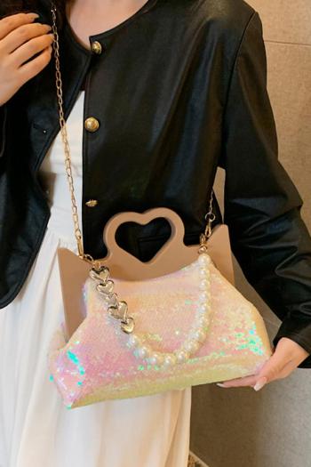 stylish new 5 colors sequin decor heart handle magnetic button crossbody handbag