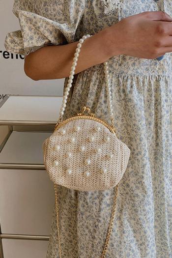 stylish new pearl decor weave straw crossbody handbag