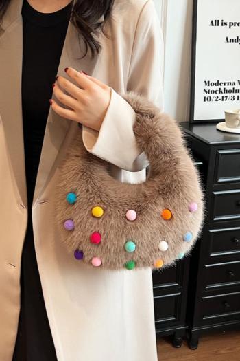 stylish new 4 colors multicolor hairball decor plush zip-up handbag
