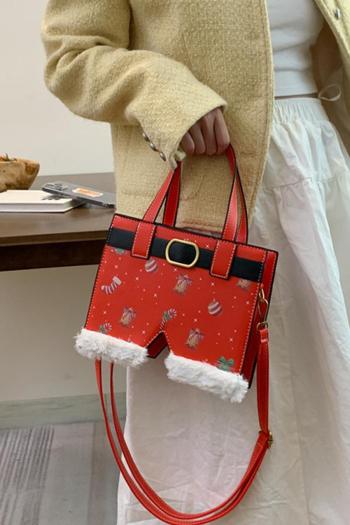 stylish new christmas bell printing pu plush trim zip-up crossbody handbag