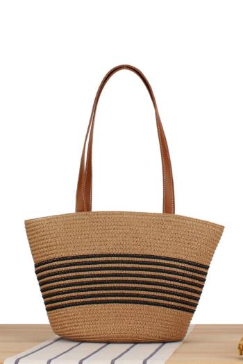 stylish new contrast color stripe high-capacity zip-up beach straw shoulder bag