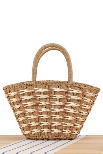stylish new 3 colors contrast color beach straw high-capacity zip-up handbag