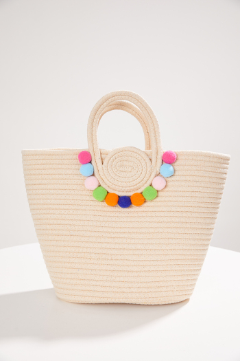stylish new fur ball decor beach straw open design handbag