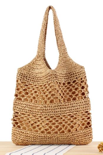 stylish new solid color weave straw zip-up beach shoulder bag