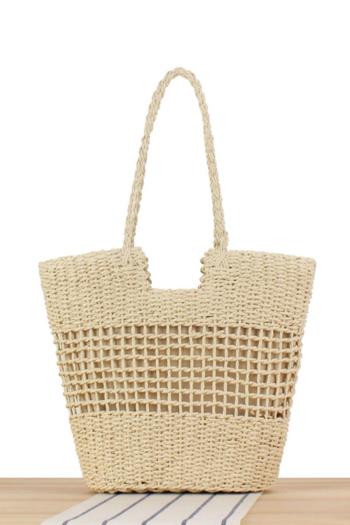 stylish new solid color weave cutout zip-up high-capacity beach straw bag