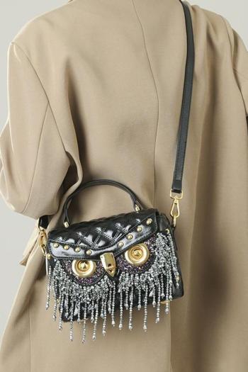 stylish new pu owl pattern beaded tassels decor lock buckle crossbody handbag