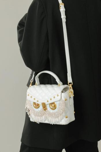 stylish new pu beaded tassels decor owl pattern lock buckle crossbody handbag
